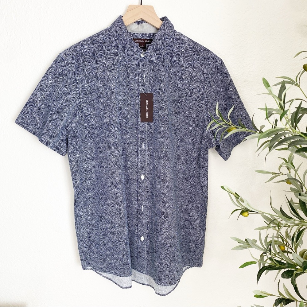 Michael Kors Spring Midnight Short Sleeve Button Down Shirt Large NWT